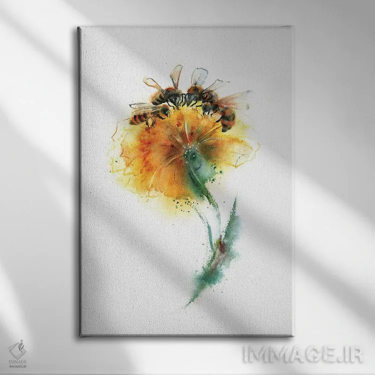 تابلو دکوراتیو سه زنبور و گل اثر الگا چفرانوف - نمای روبهرو روی دیوار