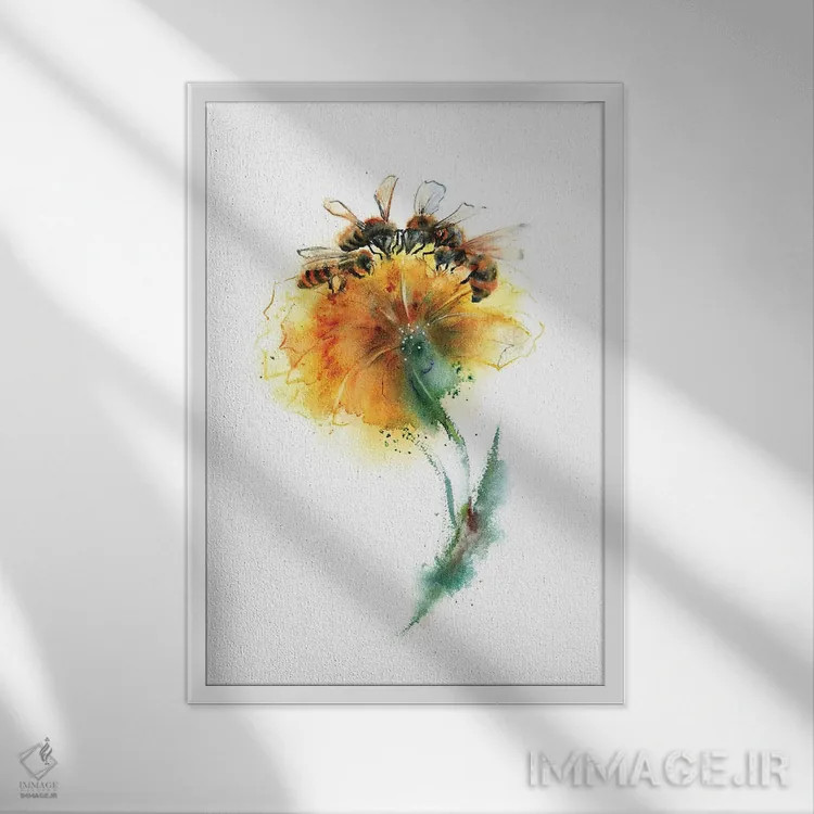تابلو دکوراتیو سه زنبور و گل اثر الگا چفرانوف - نمای قابدار سفید