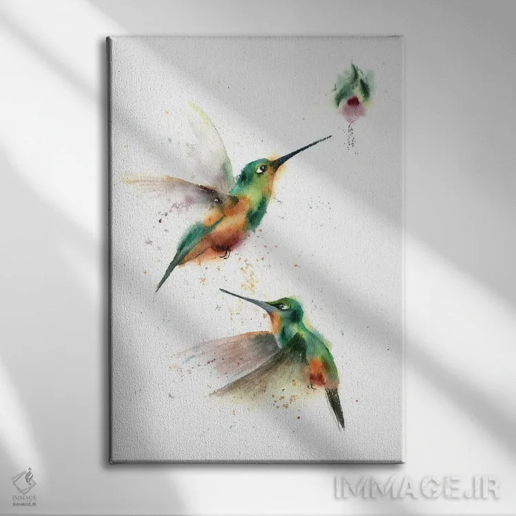 تابلو دکوراتیو دو مرغ مگس خوار پروازکننده اثر الگا چفرانوف - نمای روبهرو روی دیوار