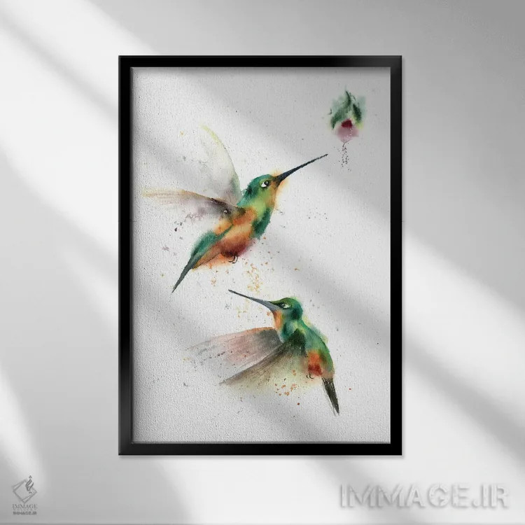 تابلو دکوراتیو دو مرغ مگس خوار پروازکننده اثر الگا چفرانوف - نمای قابدار مشکی