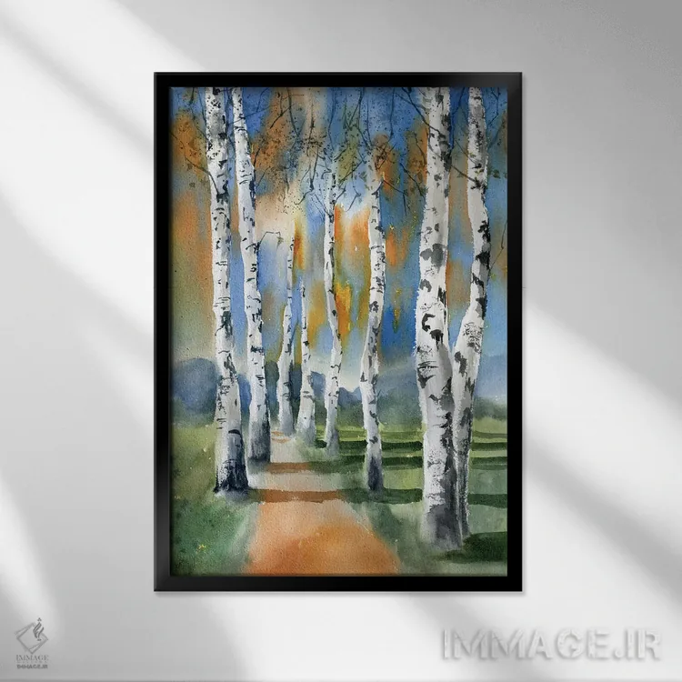 تابلو دکوراتیو درختان توس ۱ اثر الگا چفرانوف - نمای قابدار مشکی