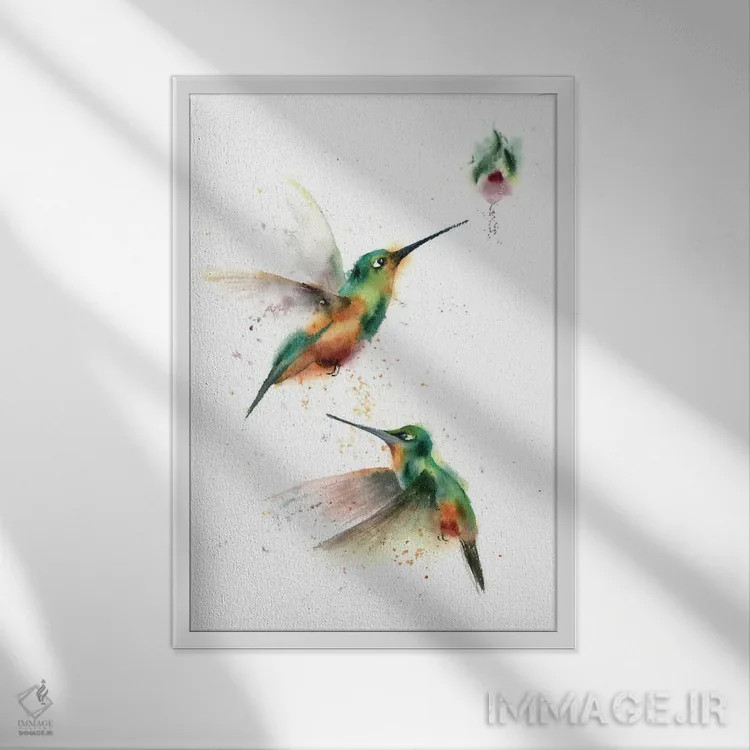 تابلو دکوراتیو دو مرغ مگس خوار پروازکننده اثر الگا چفرانوف - نمای قابدار سفید