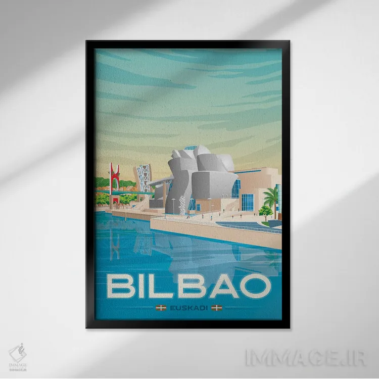 تابلو دکوراتیو تصویر سفر بیلبائو باسک کانتری اسپانیا اثر اولا هوپ تراول پوسترز - نمای قابدار مشکی