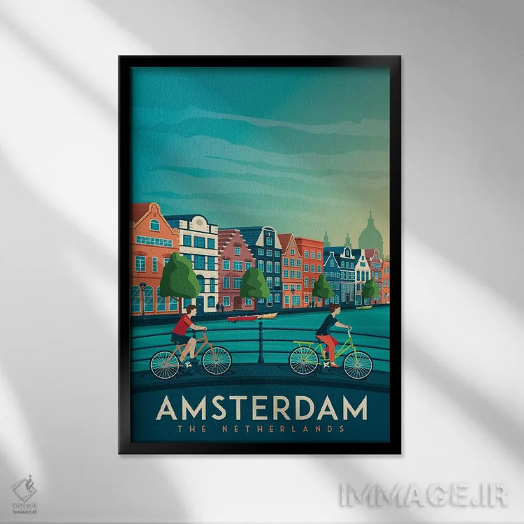 تابلو دکوراتیو تصویر سفر آمستردام هلند اثر اولا هوپ تراول پوسترز - نمای قابدار مشکی