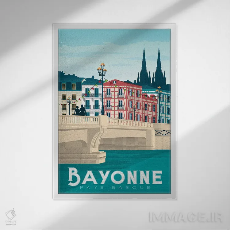 تابلو دکوراتیو تصویر سفر بایون باسک کانتری فرانسه اثر اولا هوپ تراول پوسترز - نمای قابدار سفید