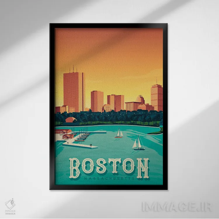 تابلو دکوراتیو تصویر سفر بوستون ماساچوست آمریکا اثر اولا هوپ تراول پوسترز - نمای قابدار مشکی