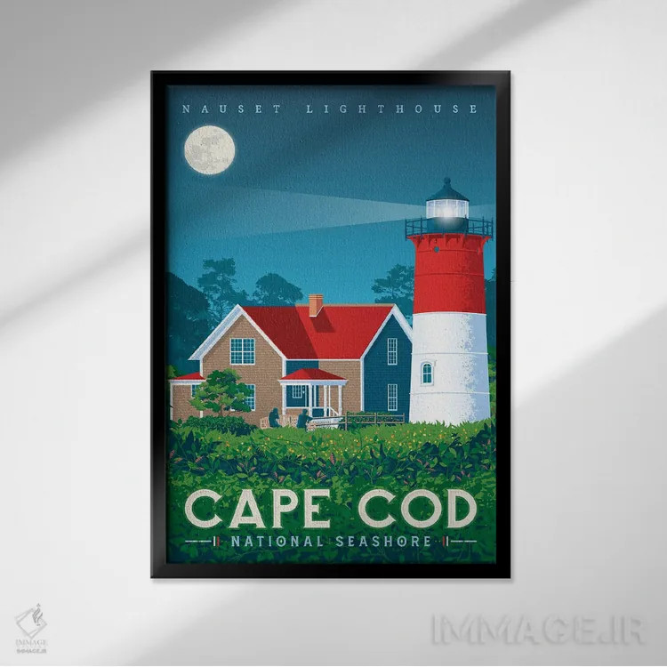 تابلو دکوراتیو تصویر سفر فانوس دریایی ناست کیپ کد آمریکا اثر اولا هوپ تراول پوسترز - نمای قابدار مشکی