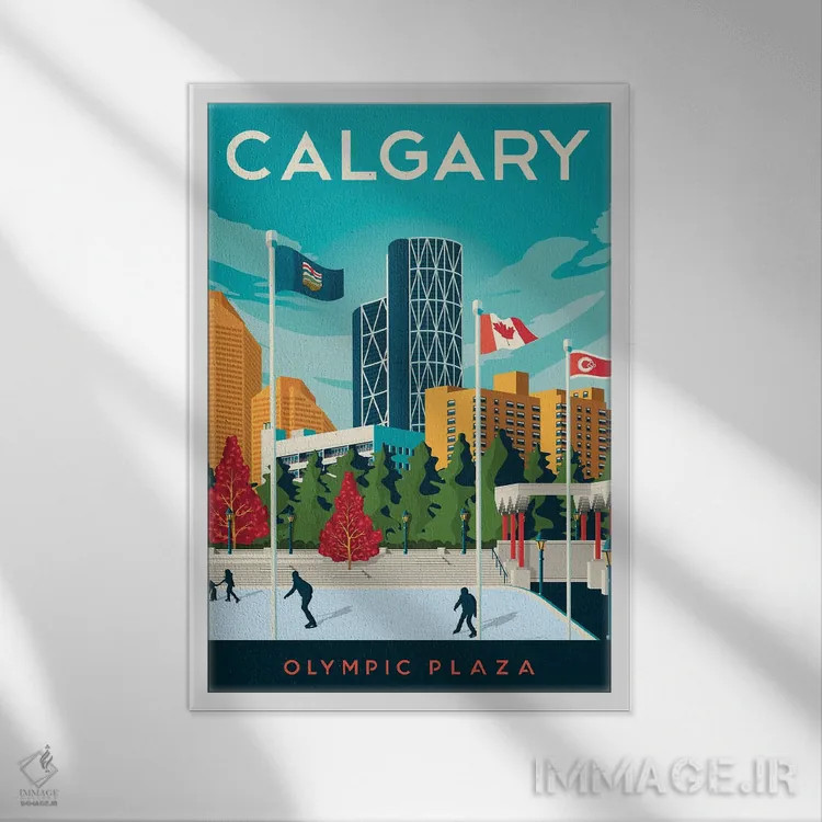 تابلو دکوراتیو تصویر سفر کلگری آلبرتا کانادا اثر اولا هوپ تراول پوسترز - نمای قابدار سفید