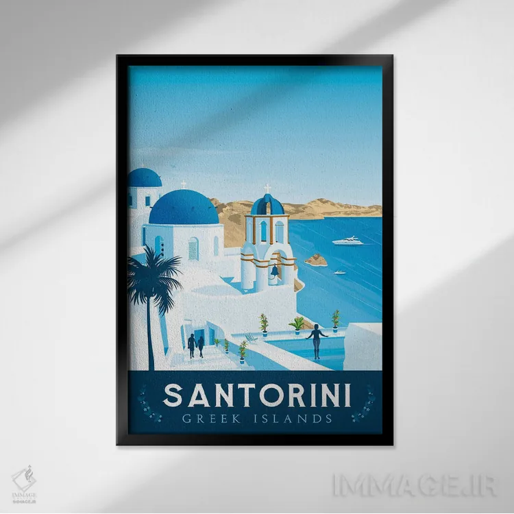 تابلو دکوراتیو سانتورینی یونان اثر اولا هوپ تراول پوسترز - نمای قابدار مشکی