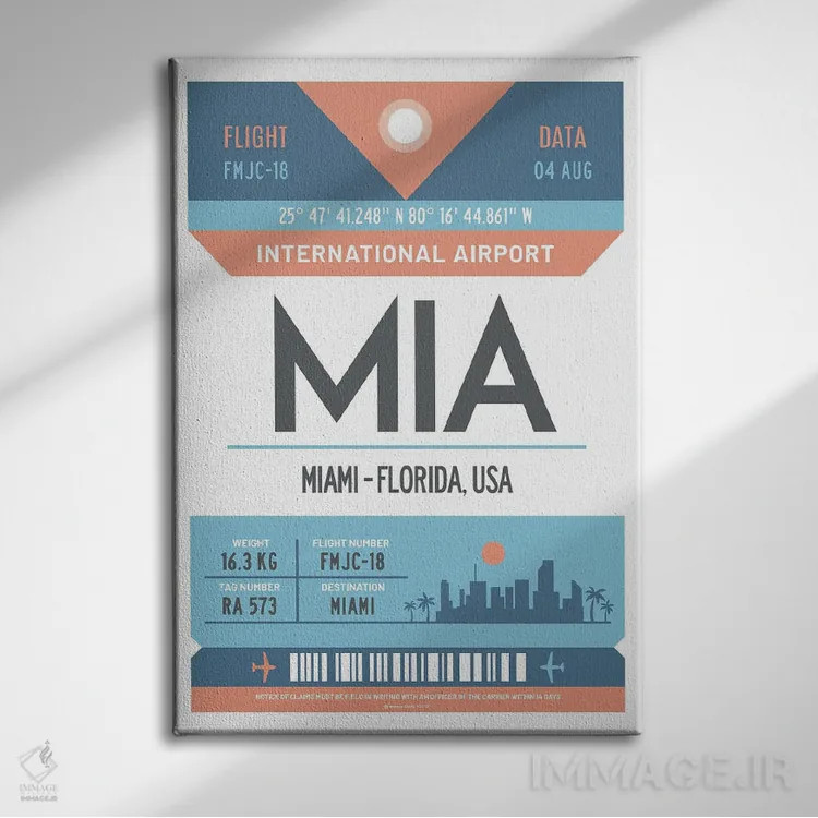 تابلو مدرن پوستر سفر با برچسب فرودگاه میامی فلوریدا اثر اولا هوپ تراول پوسترز - نمای روبهرو روی دیوار