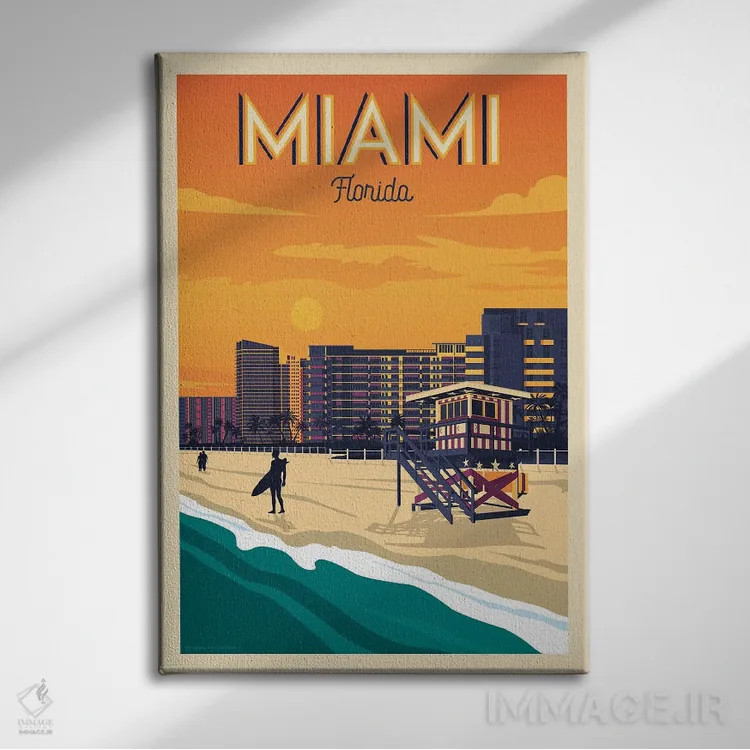 تابلو مدرن پوستر سفر میامی فلوریدا اثر اولا هوپ تراول پوسترز - نمای روبهرو روی دیوار