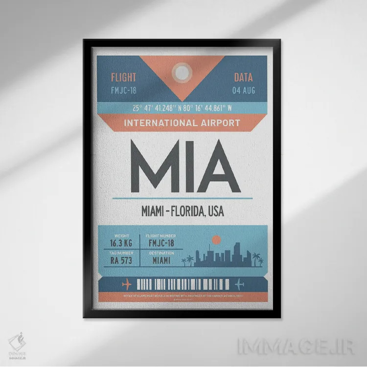 تابلو مدرن پوستر سفر با برچسب فرودگاه میامی فلوریدا اثر اولا هوپ تراول پوسترز - نمای قابدار مشکی