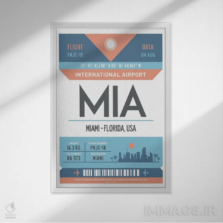 تابلو مدرن پوستر سفر با برچسب فرودگاه میامی فلوریدا اثر اولا هوپ تراول پوسترز - نمای قابدار سفید
