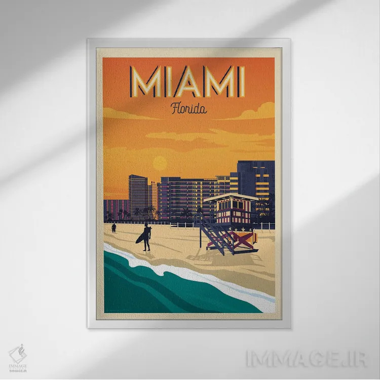 تابلو مدرن پوستر سفر میامی فلوریدا اثر اولا هوپ تراول پوسترز - نمای قابدار سفید