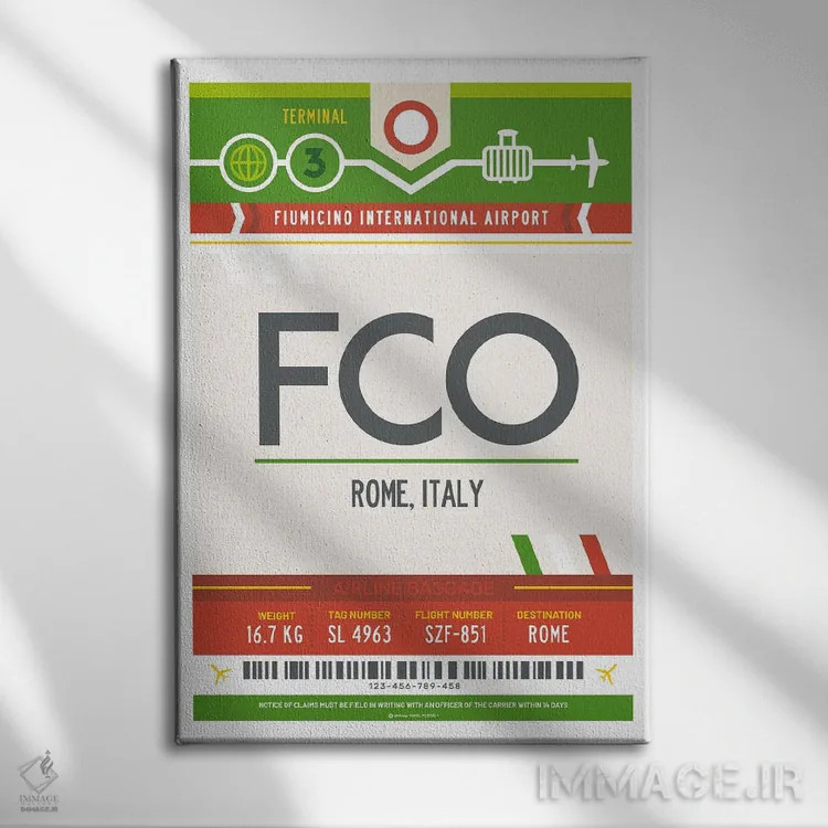 تابلو مدرن پوستر سفر با برچسب فرودگاه رم اثر اولا هوپ تراول پوسترز - نمای روبهرو روی دیوار