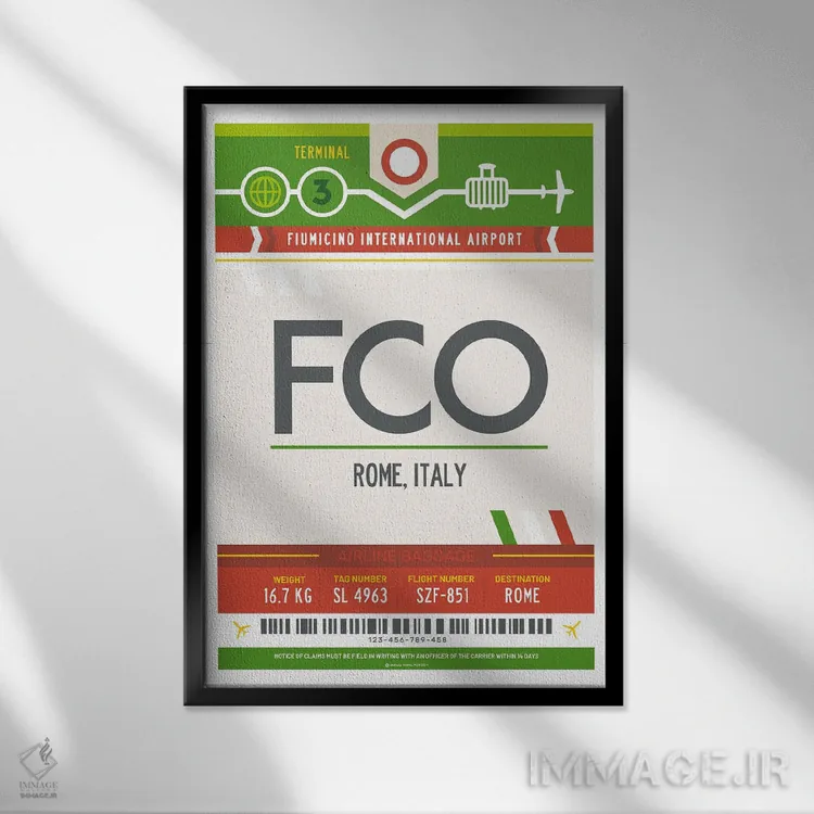 تابلو مدرن پوستر سفر با برچسب فرودگاه رم اثر اولا هوپ تراول پوسترز - نمای قابدار مشکی