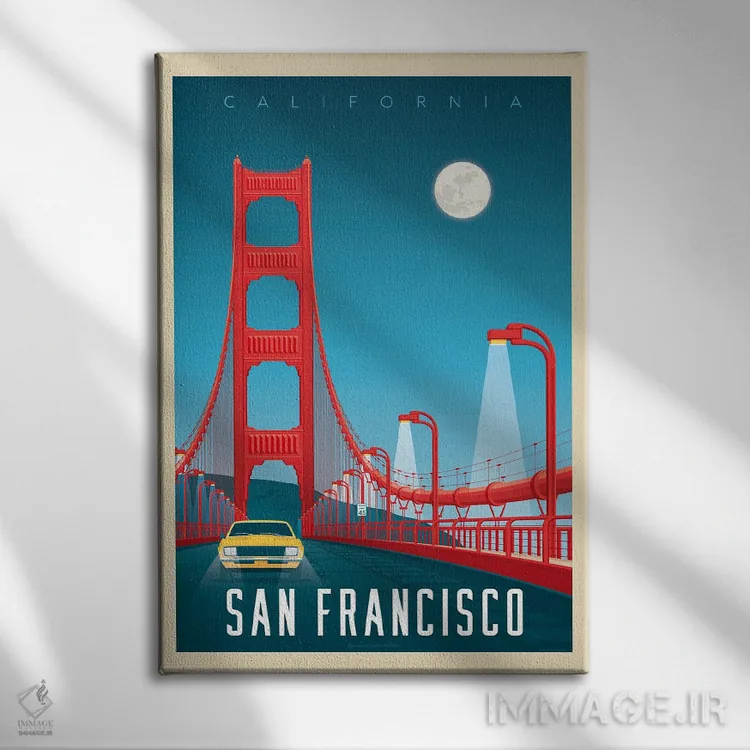 تابلو مدرن پوستر سفر به پل گلدن گیت سان فرانسیسکو اثر اولا هوپ تراول پوسترز - نمای روبهرو روی دیوار