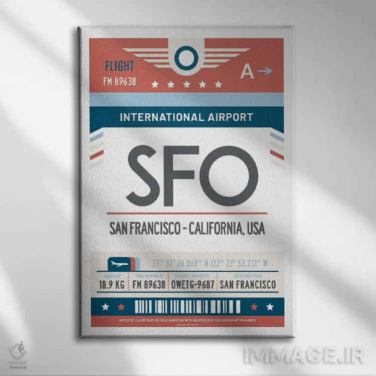 تابلو مدرن پوستر سفر با برچسب فرودگاه سان فرانسیسکو اثر اولا هوپ تراول پوسترز - نمای روبهرو روی دیوار
