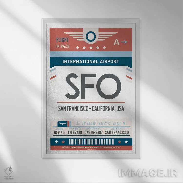 تابلو مدرن پوستر سفر با برچسب فرودگاه سان فرانسیسکو اثر اولا هوپ تراول پوسترز - نمای قابدار سفید