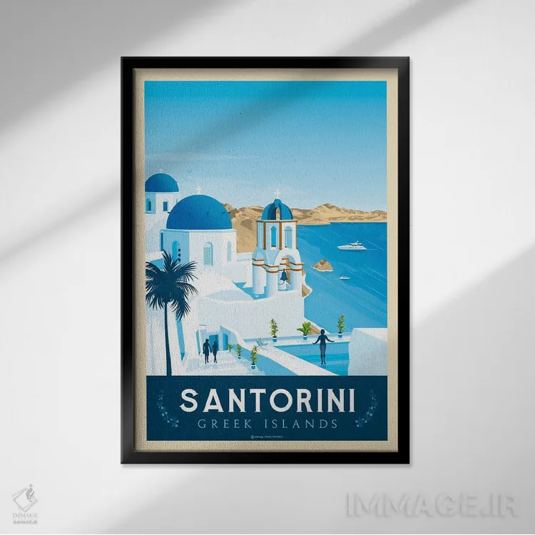تابلو مدرن پوستر سفر سانتورینی یونان اثر اولا هوپ تراول پوسترز - نمای قابدار مشکی