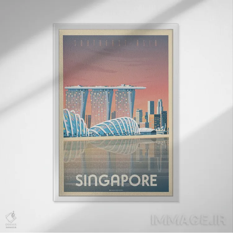 تابلو مدرن پوستر سفر به مارینا بی سندز سنگاپور اثر اولا هوپ تراول پوسترز - نمای قابدار سفید