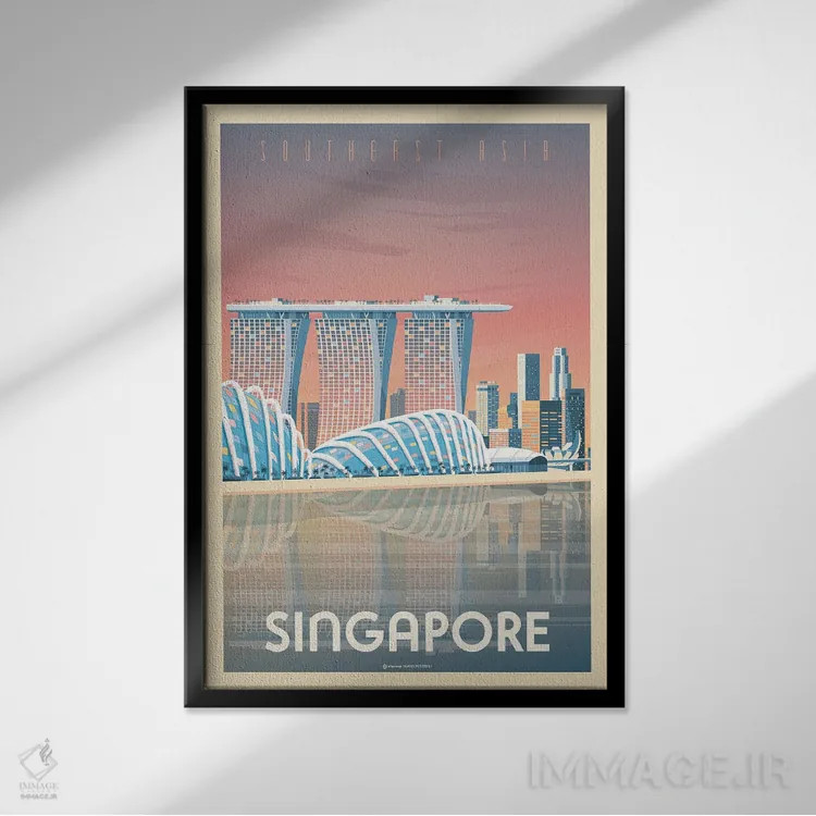 تابلو مدرن پوستر سفر به مارینا بی سندز سنگاپور اثر اولا هوپ تراول پوسترز - نمای قابدار مشکی