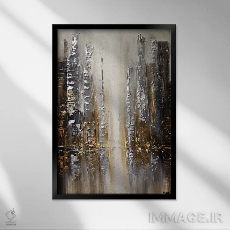 تابلو انتزاعی شهر نقره ای اثر اوسنات تزدک - نمای قابدار مشکی