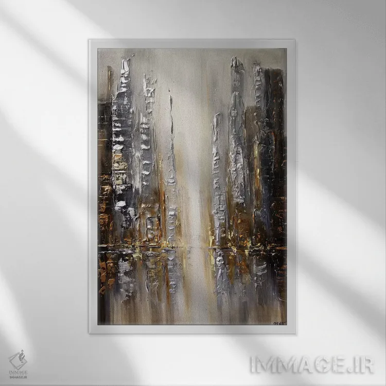 تابلو انتزاعی شهر نقره ای اثر اوسنات تزدک - نمای قابدار سفید