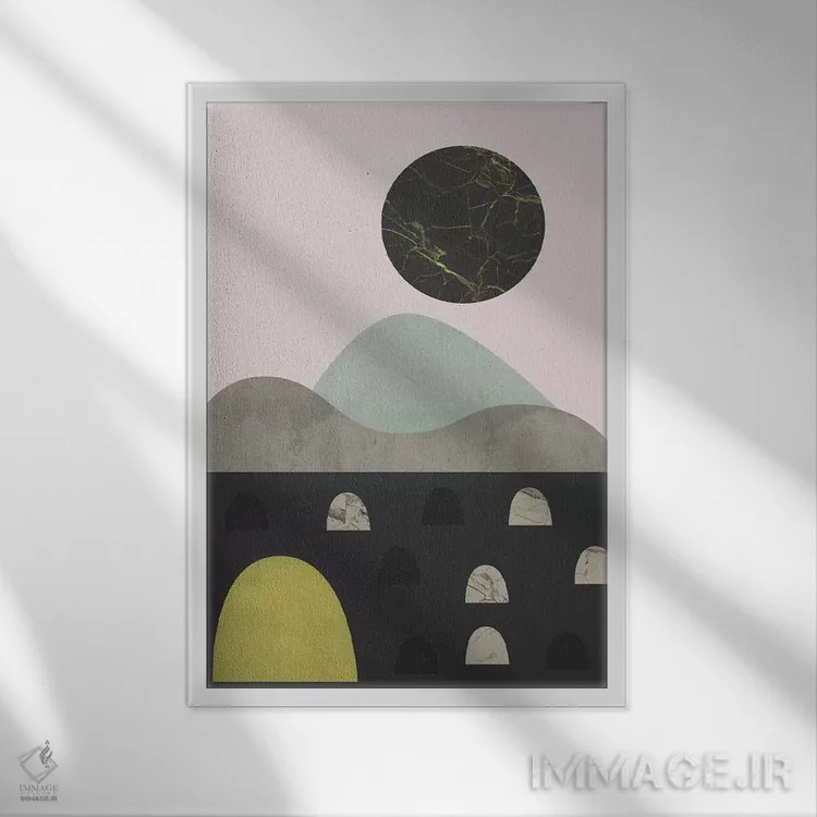 تابلو مینیمال سنگ ها و ماه اثر فلت اول - نمای قابدار سفید