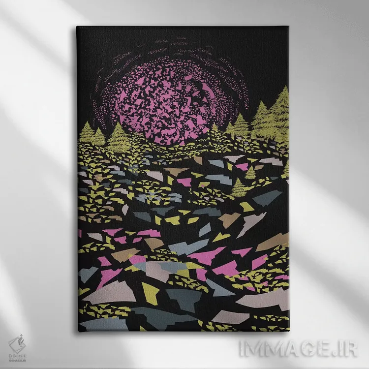 تابلو انتزاعی تپه های وهم آلود رنگارنگ اثر فلت اول - نمای روبهرو روی دیوار