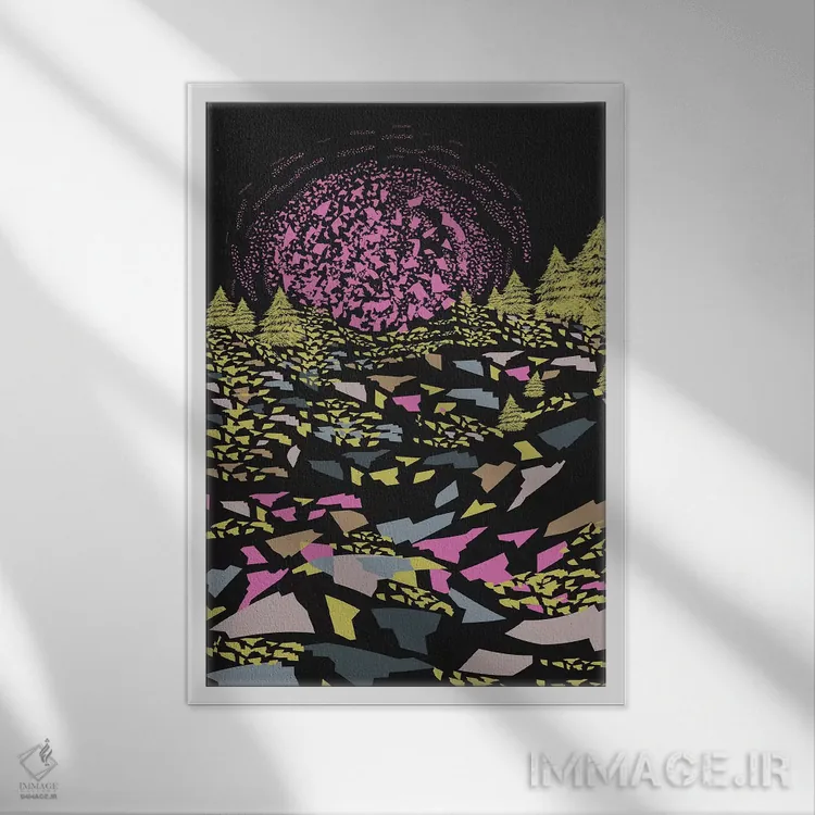 تابلو انتزاعی تپه های وهم آلود رنگارنگ اثر فلت اول - نمای قابدار سفید