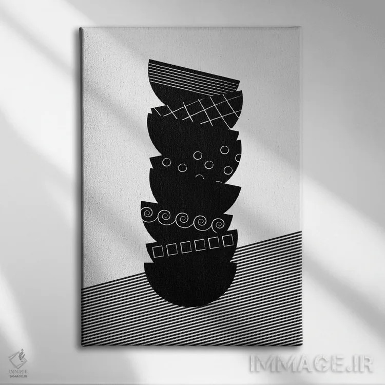 تابلو مینیمال کاسه ها سیاه و سفید اثر فلت اول - نمای روبهرو روی دیوار