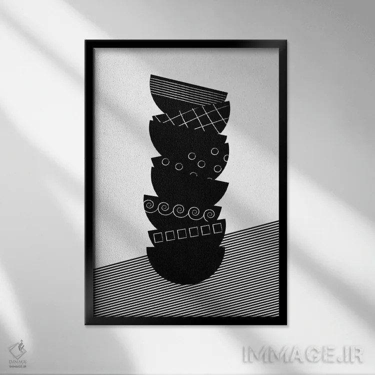 تابلو مینیمال کاسه ها سیاه و سفید اثر فلت اول - نمای قابدار مشکی