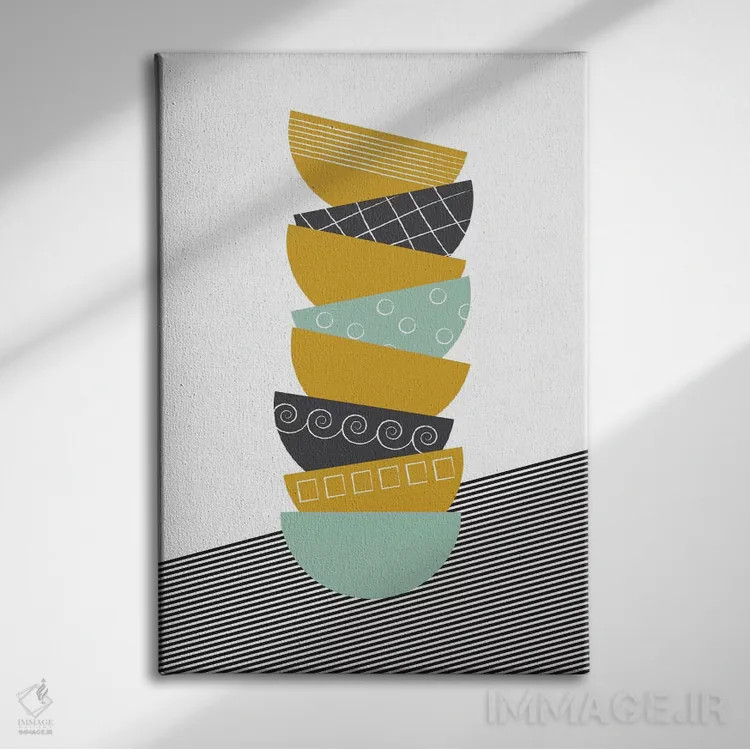 تابلو مینیمال کاسه ها رنگی اثر فلت اول - نمای روبهرو روی دیوار