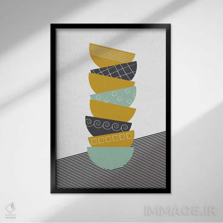 تابلو مینیمال کاسه ها رنگی اثر فلت اول - نمای قابدار مشکی