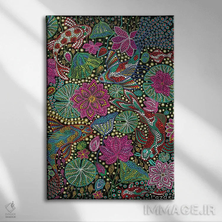 تابلو دکوراتیو "ماهی کوی با نیلوفر" اثر اکسانا لازاری - نمای روبهرو روی دیوار