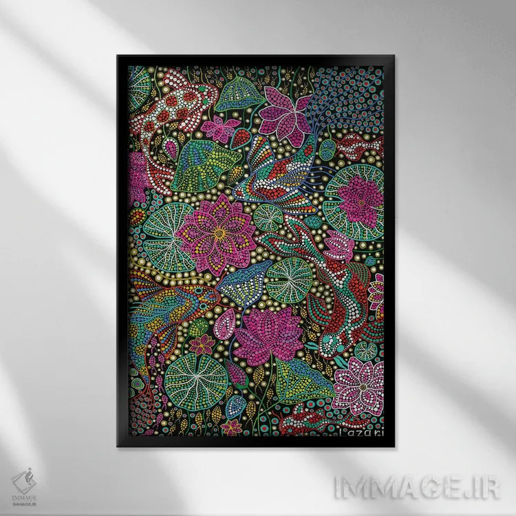 تابلو دکوراتیو "ماهی کوی با نیلوفر" اثر اکسانا لازاری - نمای قابدار مشکی