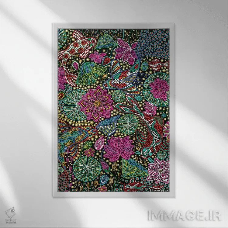 تابلو دکوراتیو "ماهی کوی با نیلوفر" اثر اکسانا لازاری - نمای قابدار سفید