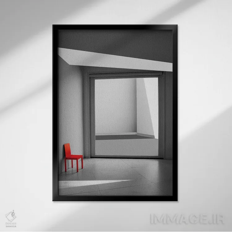 تابلو مینیمال صندلی قرمز اثر اینگه شوستر - نمای قابدار مشکی