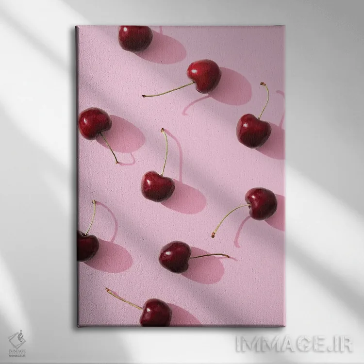تابلو دکوراتیو آلبالو روی زمینه صورتی اثر استودیو ۱ایکس ۲ - نمای روبهرو روی دیوار