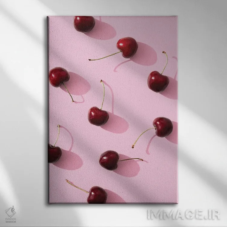 تابلو دکوراتیو آلبالو روی زمینه صورتی اثر استودیو ۱ایکس ۲ - نمای روبهرو روی دیوار