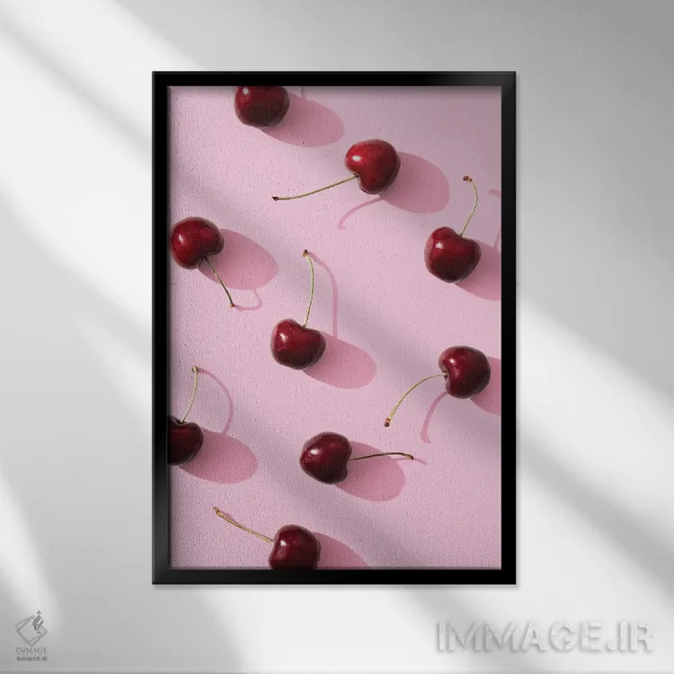 تابلو دکوراتیو آلبالو روی زمینه صورتی اثر استودیو ۱ایکس ۲ - نمای قابدار مشکی