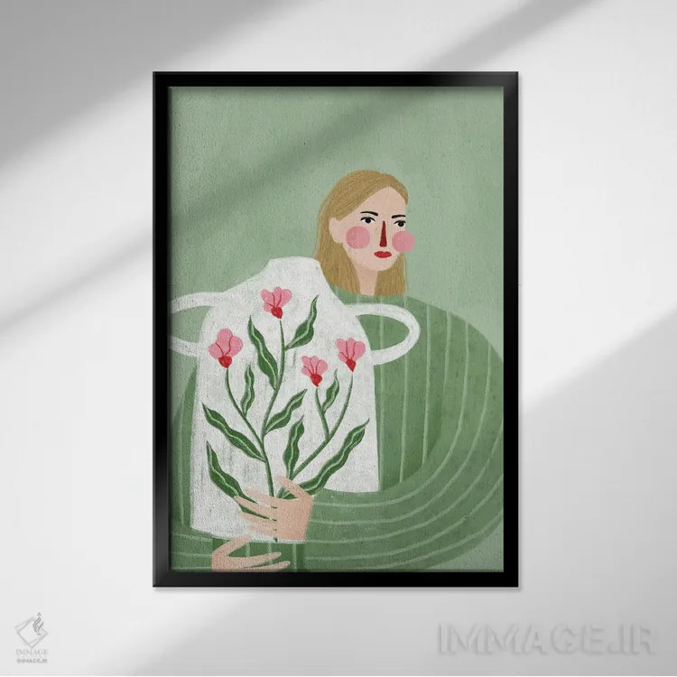 تابلو مدرن زن با گلدان اثر بیا مولر - نمای قابدار مشکی