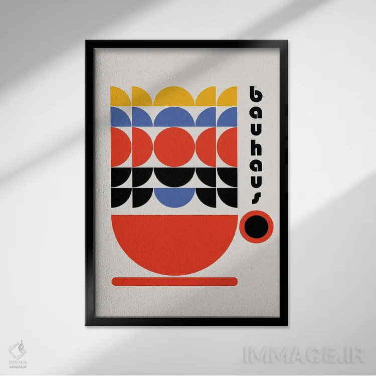 تابلو انتزاعی دکور کافی شاپ باوهاوس دهه ۷۰ اثر رتردروم - نمای قابدار مشکی