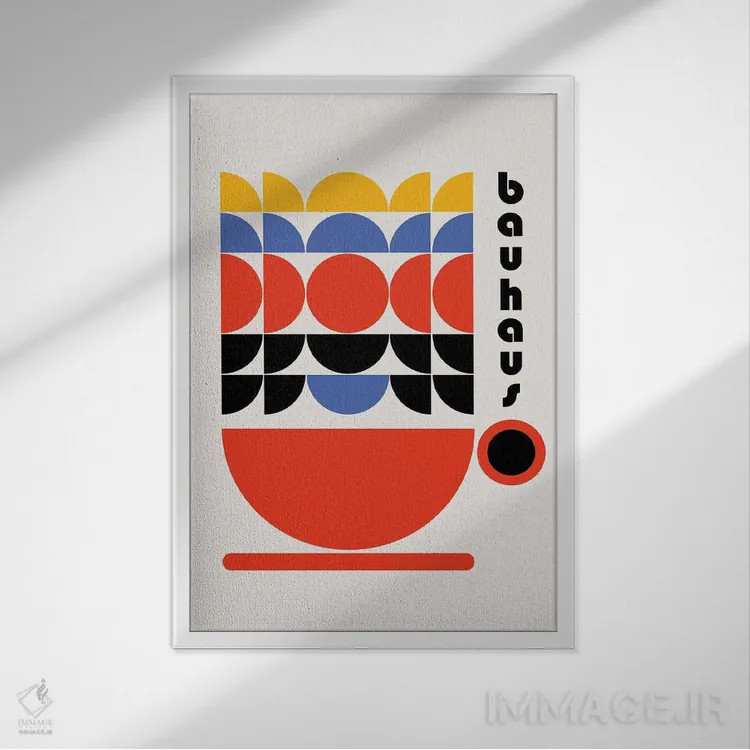 تابلو انتزاعی دکور کافی شاپ باوهاوس دهه ۷۰ اثر رتردروم - نمای قابدار سفید