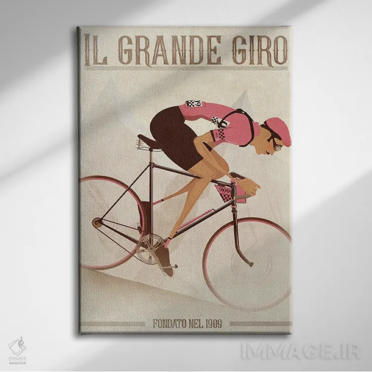 تابلو دکوراتیو دوچرخه سوار سبک کلاسیک جیرو دیتالیا روی دوچرخه اثر وایات ۹ - نمای روبهرو روی دیوار