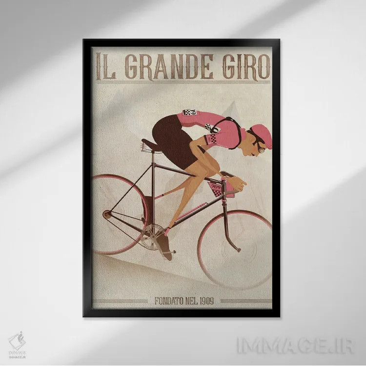 تابلو دکوراتیو دوچرخه سوار سبک کلاسیک جیرو دیتالیا روی دوچرخه اثر وایات ۹ - نمای قابدار مشکی