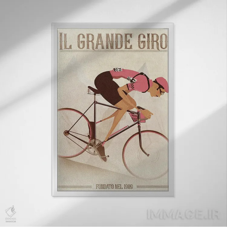تابلو دکوراتیو دوچرخه سوار سبک کلاسیک جیرو دیتالیا روی دوچرخه اثر وایات ۹ - نمای قابدار سفید