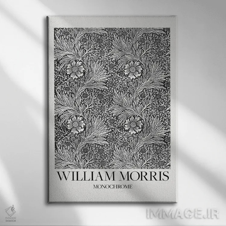 تابلو مینیمال باغ بابونه تک رنگ اثر ویلیام موریس - نمای روبهرو روی دیوار