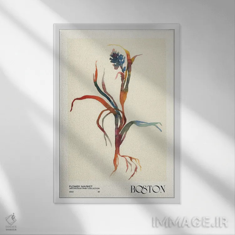 تابلو مینیمال مجموعه چاپ آبرنگ. بازار گل اثر ان کی تی ان - نمای قابدار سفید